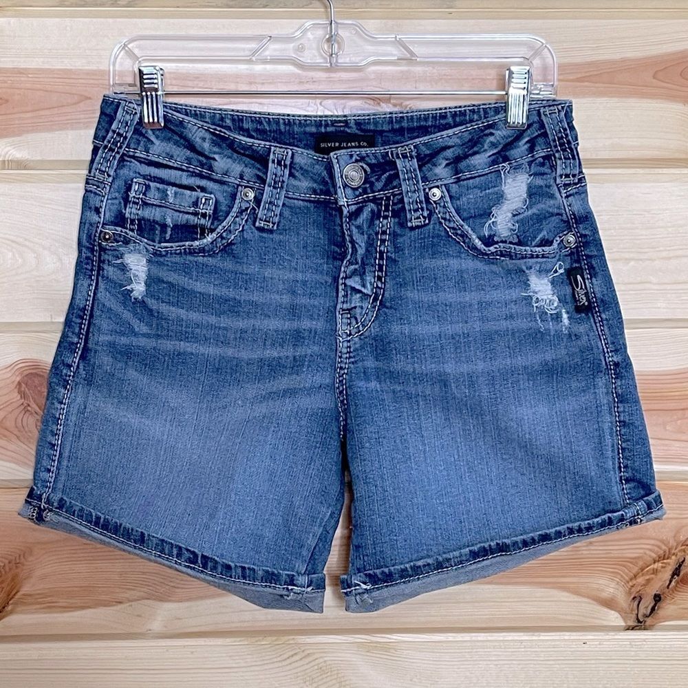 Silver Jeans Faded Blue Distressed Denim Shorts